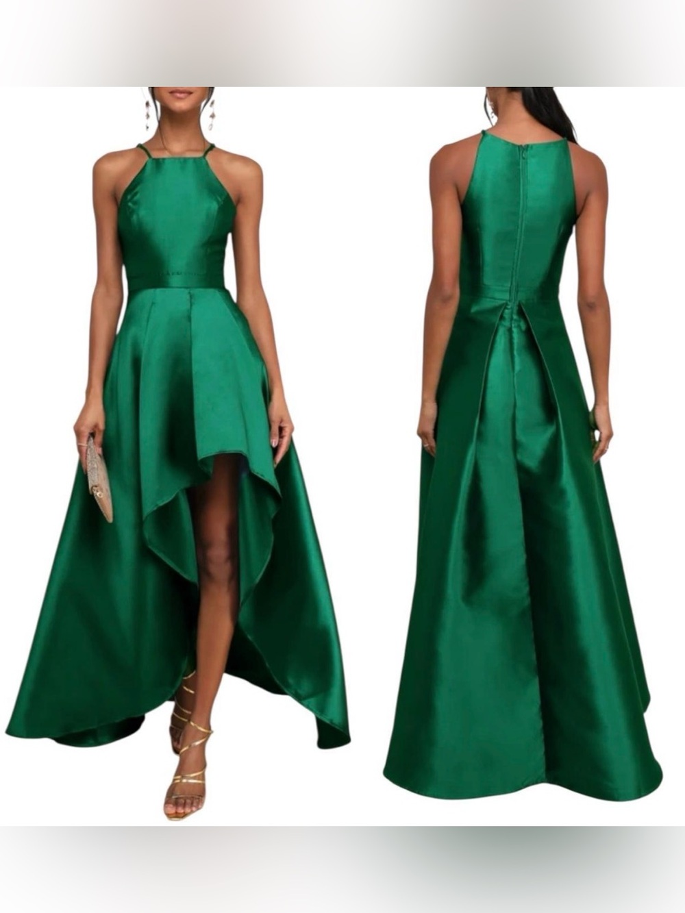 NWOT Lulus Broadway Show Emerald Green High-Low Halter Neckline Gown Dress